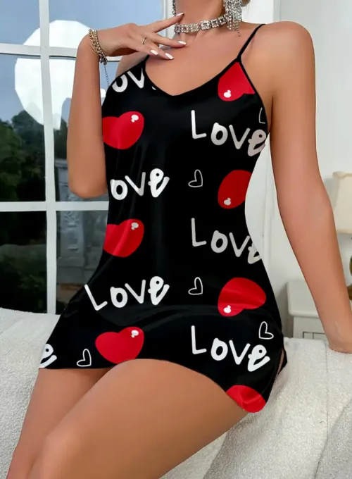 Love Desenli Siyah Saten Gecelik - 3