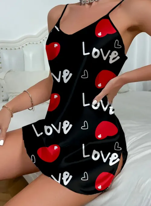 Love Desenli Siyah Saten Gecelik - 4