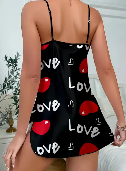 Love Desenli Siyah Saten Gecelik - 6