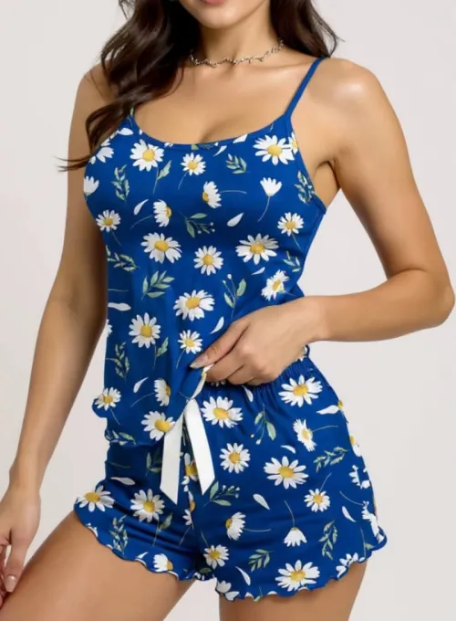 Papatya Desenli Mavi Askılı Şortlu Pijama Takımı - 3