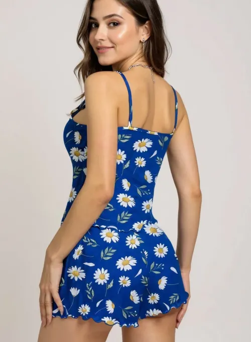 Papatya Desenli Mavi Askılı Şortlu Pijama Takımı - 5