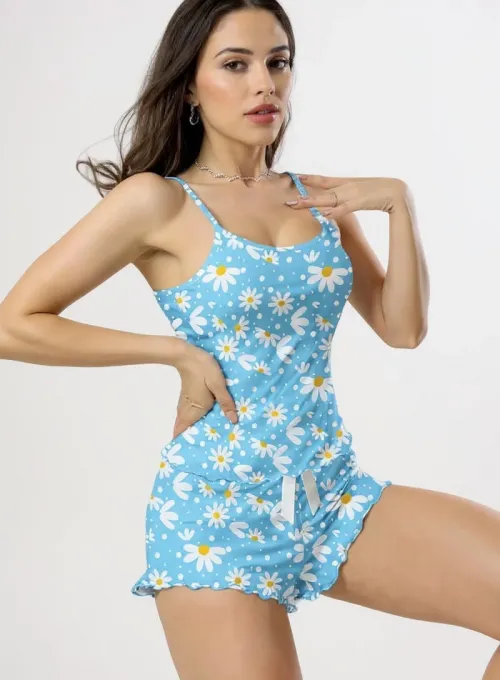 Papatya Baskılı Mavi Askılı Şortlu Pijama Takımı - 3