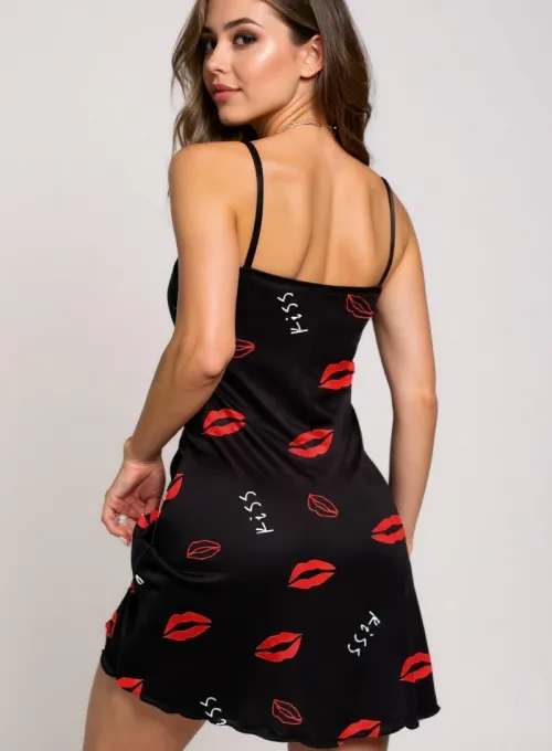 Dudak Desenli Siyah Askılı Gecelik - 5