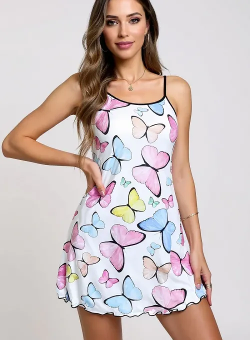 Renkli Kelebek Desenli Askılı Kadın Gecelik - 2