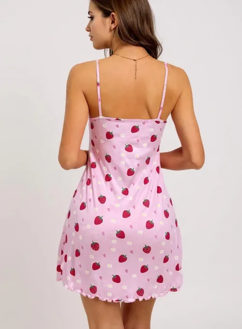 Pembe Çilek Desenli Askılı Kadın Gecelik - 4