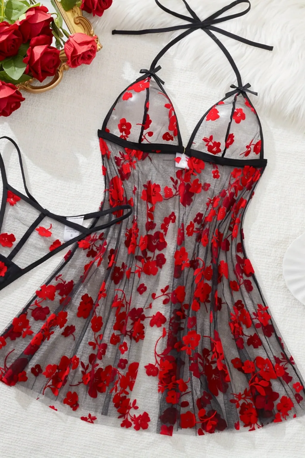 Çiçek Desenli Siyah Transparan Tül Gecelik TM1319