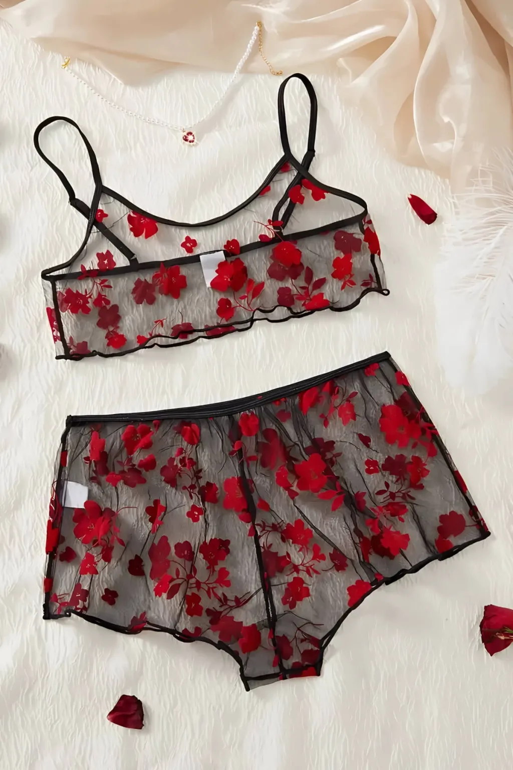 Çiçek Desenli Siyah Transparan Tül Şortlu Gecelik TM1377