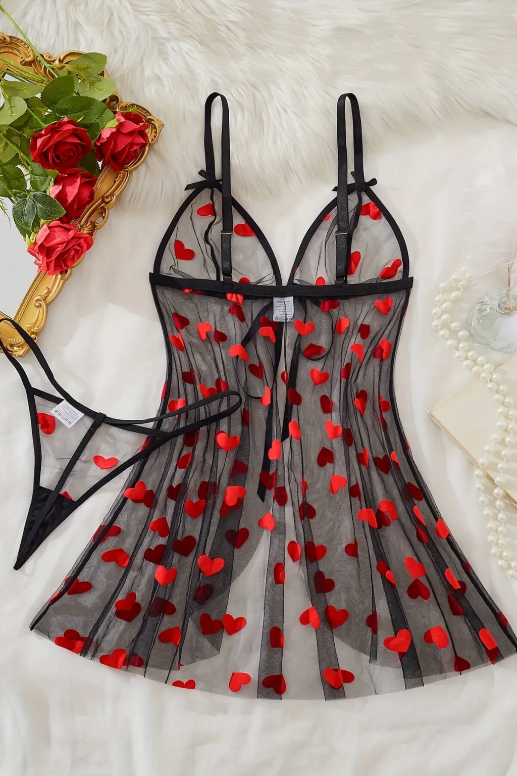 Kalp Desenli Siyah Transparan Tül Gecelik TM1378